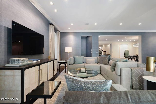 450 Steele St, Denver, CO 80236 - living area with stairway, crown molding, and recessed lighting