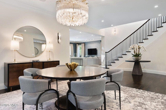 450 Steele St, Denver, CO 80236 - dining space with wood finished floors, stairs, crown molding, a chandelier, and recessed lighting