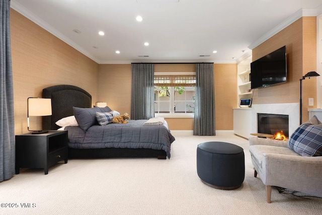 450 Steele St, Denver, CO 80236 - bedroom featuring crown molding, light carpet, recessed lighting, and a glass covered fireplace