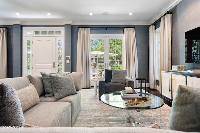 450 Steele St, Denver, CO 80236 - living room with ornamental molding, recessed lighting, wood finished floors, and wallpapered walls