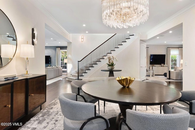 450 Steele St, Denver, CO 80236 - dining area with stairway, wood finished floors, crown molding, a chandelier, and recessed lighting