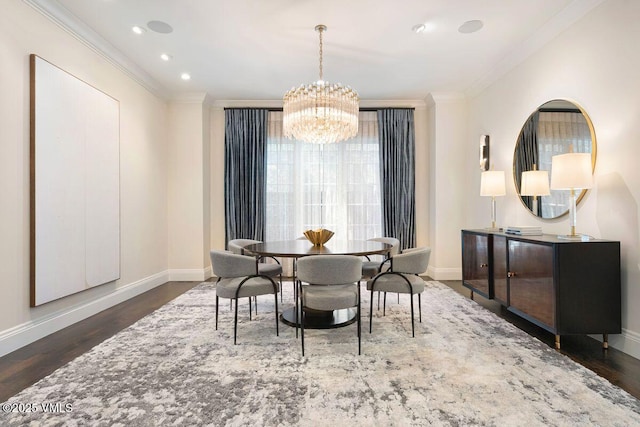 450 Steele St, Denver, CO 80236 - dining room featuring wood finished floors, ornamental molding, a chandelier, and recessed lighting