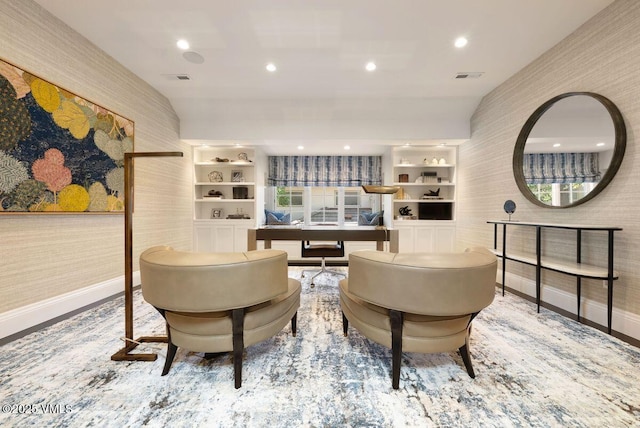 450 Steele St, Denver, CO 80236 - living area with wallpapered walls, recessed lighting, and built in shelves