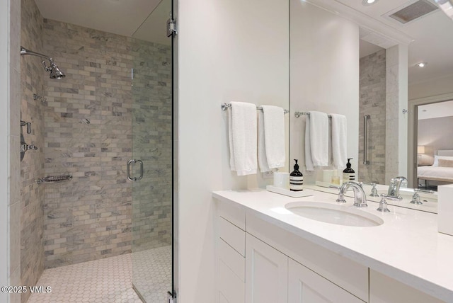 450 Steele St, Denver, CO 80236 - bathroom featuring a stall shower, vanity, and recessed lighting