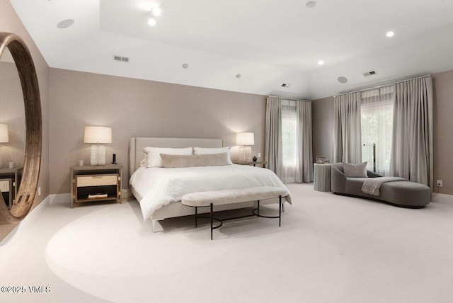 450 Steele St, Denver, CO 80236 - bedroom with light carpet, vaulted ceiling, and recessed lighting