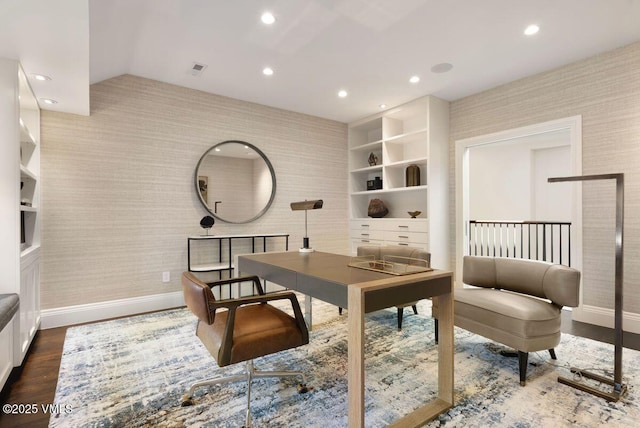 450 Steele St, Denver, CO 80236 - office space featuring wood finished floors, wallpapered walls, and recessed lighting