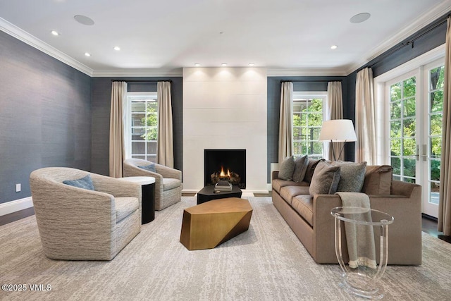 450 Steele St, Denver, CO 80236 - living area featuring ornamental molding, a fireplace, and recessed lighting
