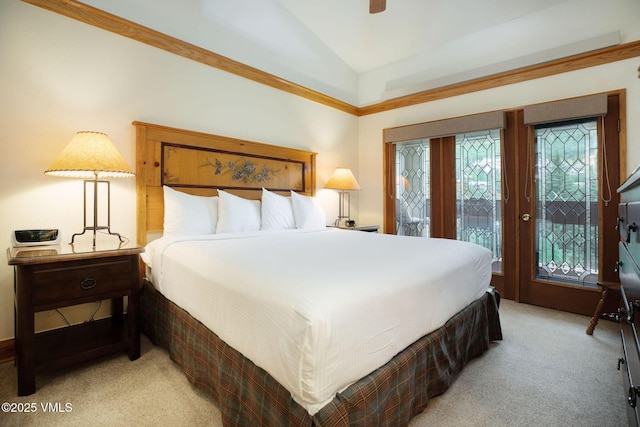 120 Offerson Rd Unit 4460, Beaver Creek, CO 81620 - bedroom featuring light carpet, access to exterior, and lofted ceiling