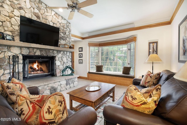 120 Offerson Rd Unit 4460, Beaver Creek, CO 81620 - carpeted living room with vaulted ceiling, ceiling fan, and a stone fireplace