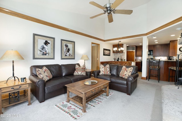 120 Offerson Rd Unit 4460, Beaver Creek, CO 81620 - living room featuring light carpet, high vaulted ceiling, a chandelier, a ceiling fan, and recessed lighting