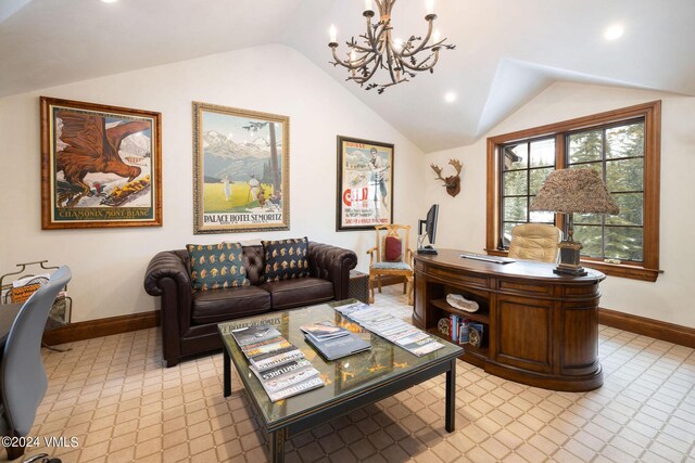 office area with lofted ceiling and a chandelier