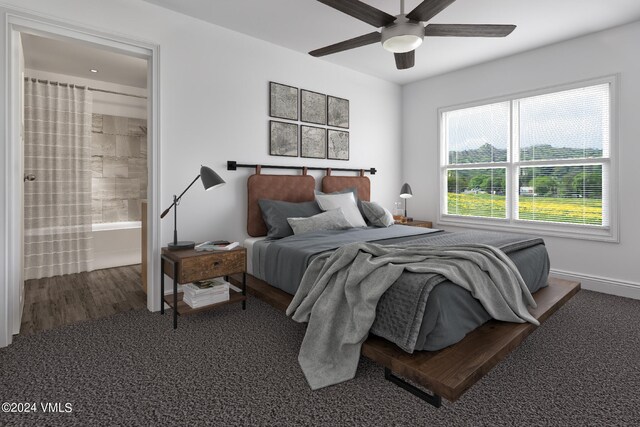bedroom with ceiling fan and ensuite bath