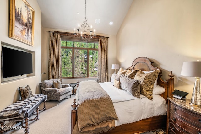 825 Forest Rd Unit 2, Vail, CO 81657 - bedroom featuring a chandelier, carpet, and lofted ceiling