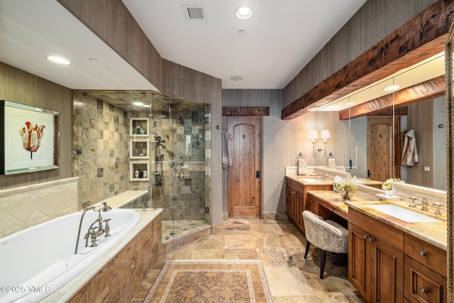 825 Forest Rd Unit 2, Vail, CO 81657 - full bath featuring double vanity, a shower stall, a garden tub, and recessed lighting
