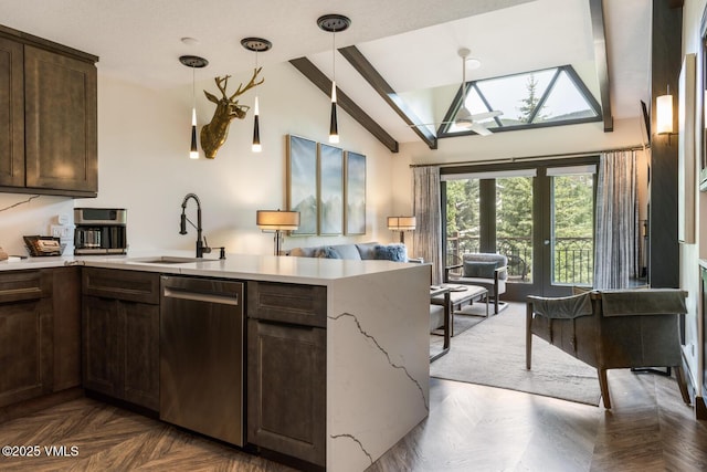 120 Offerson Unit 3430, Beaver Creek, CO 81620 - kitchen with dishwasher, dark brown cabinetry, a peninsula, beam ceiling, and hanging light fixtures