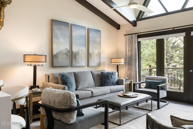 120 Offerson Unit 3430, Beaver Creek, CO 81620 - living room featuring beam ceiling, a ceiling fan, and high vaulted ceiling