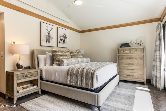120 Offerson Unit 3430, Beaver Creek, CO 81620 - bedroom with lofted ceiling, crown molding, and ceiling fan