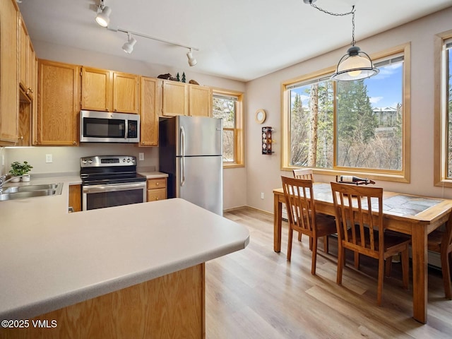 10000 Ryan Gulch Rd Unit 114, Silverthorne, CO 80498 - kitchen with appliances with stainless steel finishes, light countertops, track lighting, light wood-type flooring, and pendant lighting