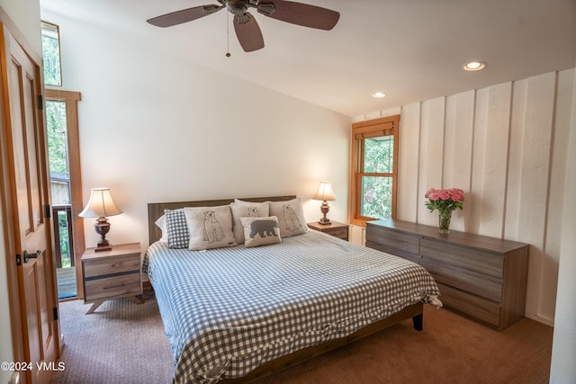 bedroom featuring carpet floors, a ceiling fan, and recessed lighting