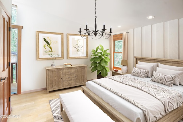 bedroom with recessed lighting, baseboards, a notable chandelier, and light wood finished floors