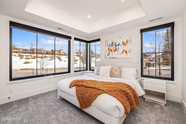 bedroom with visible vents, a raised ceiling, and carpet floors