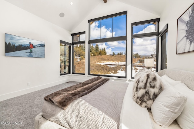 carpeted bedroom featuring baseboards and high vaulted ceiling