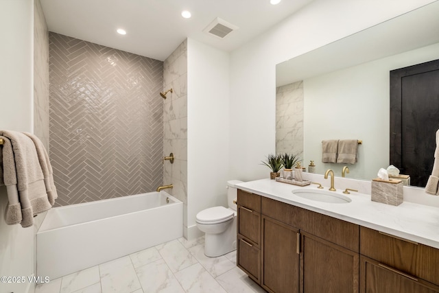 full bath featuring visible vents, toilet, recessed lighting, marble finish floor, and vanity