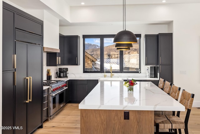 kitchen with a breakfast bar, light wood-style flooring, a sink, light stone counters, and high end appliances