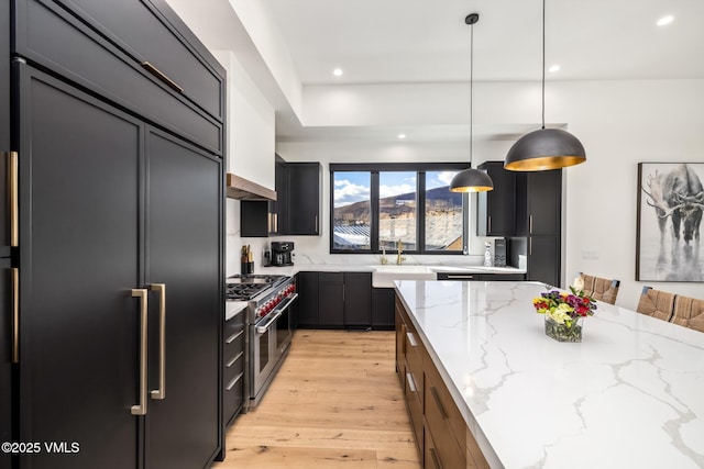 kitchen featuring high end appliances, light stone countertops, recessed lighting, and light wood finished floors