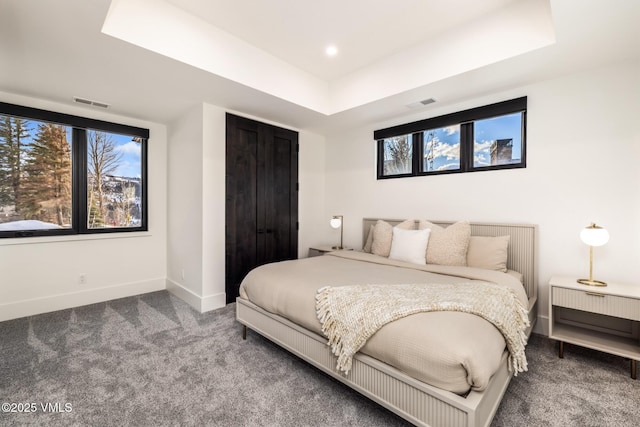 carpeted bedroom with visible vents, multiple windows, a raised ceiling, and baseboards