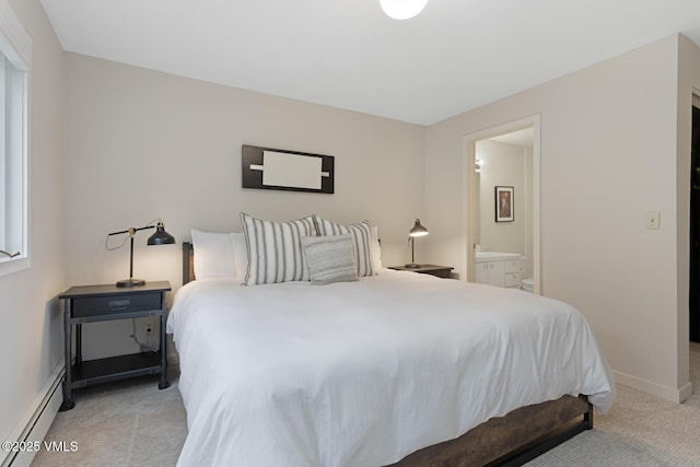 1989 Circle Dr, Vail, CO 81657 - bedroom with light carpet, a baseboard radiator, baseboards, and ensuite bath