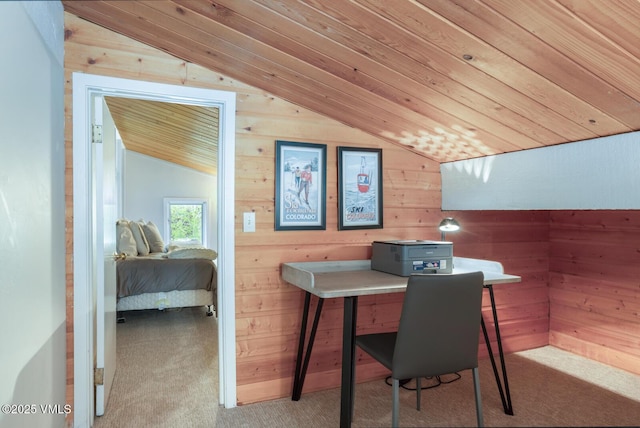 1989 Circle Dr, Vail, CO 81657 - home office featuring lofted ceiling, wooden walls, carpet flooring, and wooden ceiling
