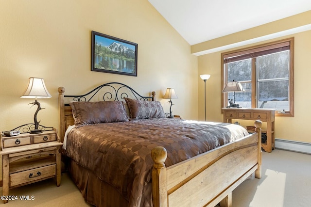 carpeted bedroom featuring vaulted ceiling and a baseboard heating unit