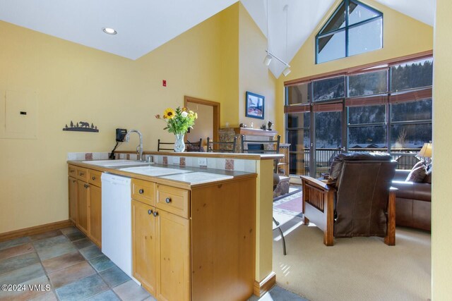 kitchen with high vaulted ceiling, dishwasher, sink, electric panel, and kitchen peninsula