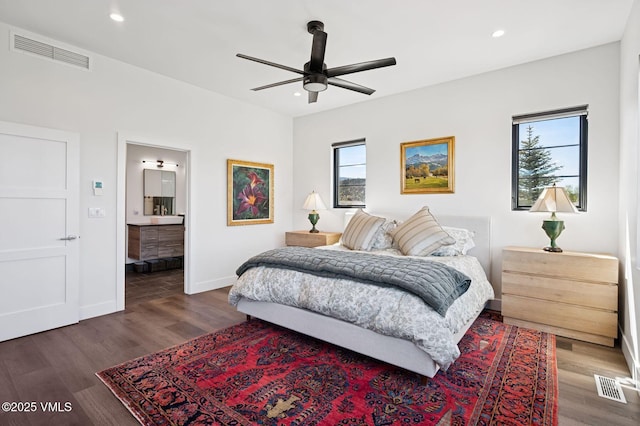 2296 E Haystacker Dr, Eagle, CO 81631 - bedroom featuring baseboards, dark wood finished floors, recessed lighting, ensuite bathroom, and a ceiling fan