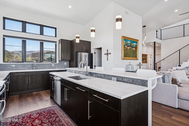 2296 E Haystacker Dr, Eagle, CO 81631 - kitchen featuring open floor plan, high vaulted ceiling, a sink, a kitchen island with sink, and stainless steel appliances