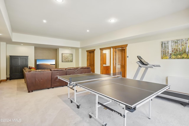 recreation room with recessed lighting, baseboards, and light colored carpet