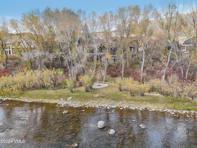 drone / aerial view with a water view