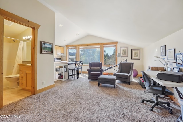 office with lofted ceiling, carpet flooring, baseboards, and recessed lighting