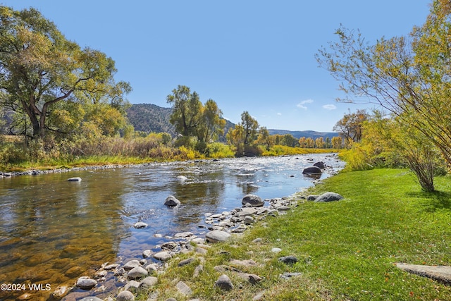 property view of water with a mountain view and a view of trees