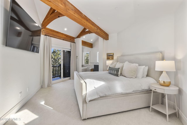 bedroom with light carpet, access to outside, and lofted ceiling with beams