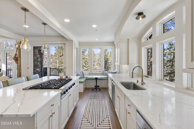 kitchen featuring sink, hanging light fixtures, stainless steel appliances, dark hardwood / wood-style floors, and light stone countertops