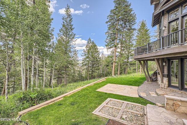 view of yard featuring a patio and a deck