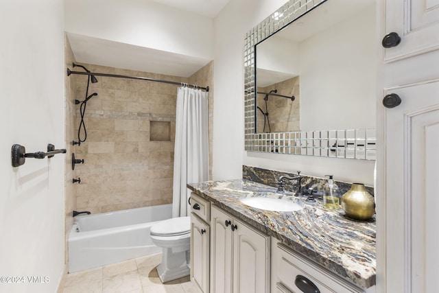 full bathroom with shower / bathtub combination with curtain, vanity, and toilet