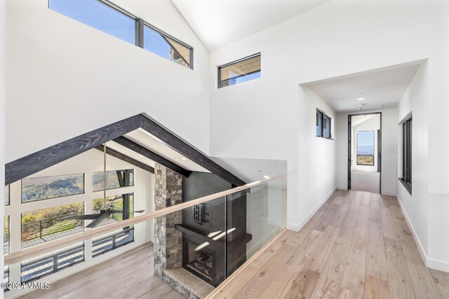 hall featuring a wealth of natural light, high vaulted ceiling, and light hardwood / wood-style flooring