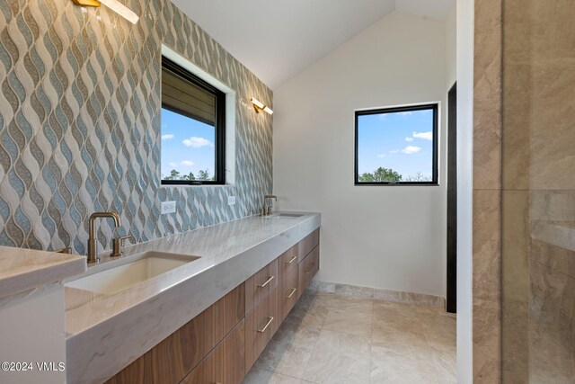 bathroom featuring vanity and vaulted ceiling