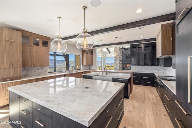 kitchen with light hardwood / wood-style flooring, pendant lighting, backsplash, and a spacious island