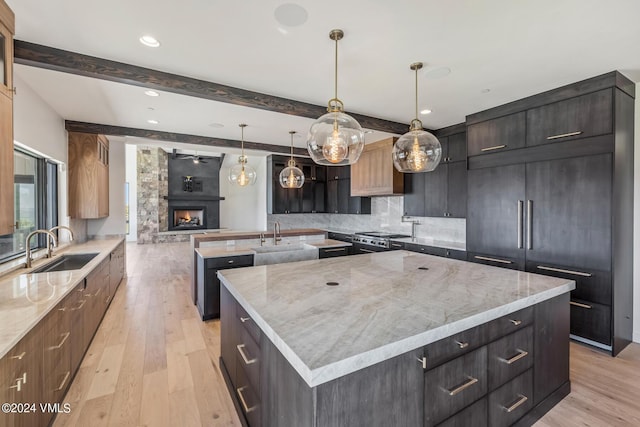 kitchen featuring pendant lighting, a large island, sink, and light hardwood / wood-style flooring