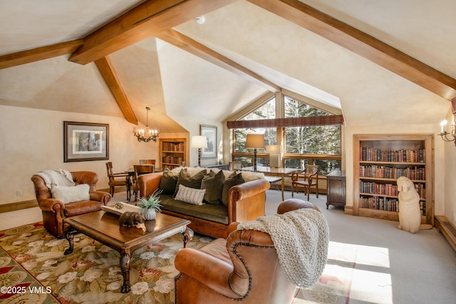 living area with a notable chandelier, carpet flooring, lofted ceiling with beams, and baseboards