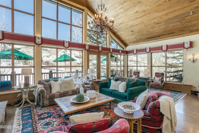 living area featuring high vaulted ceiling, wood ceiling, wood finished floors, and an inviting chandelier